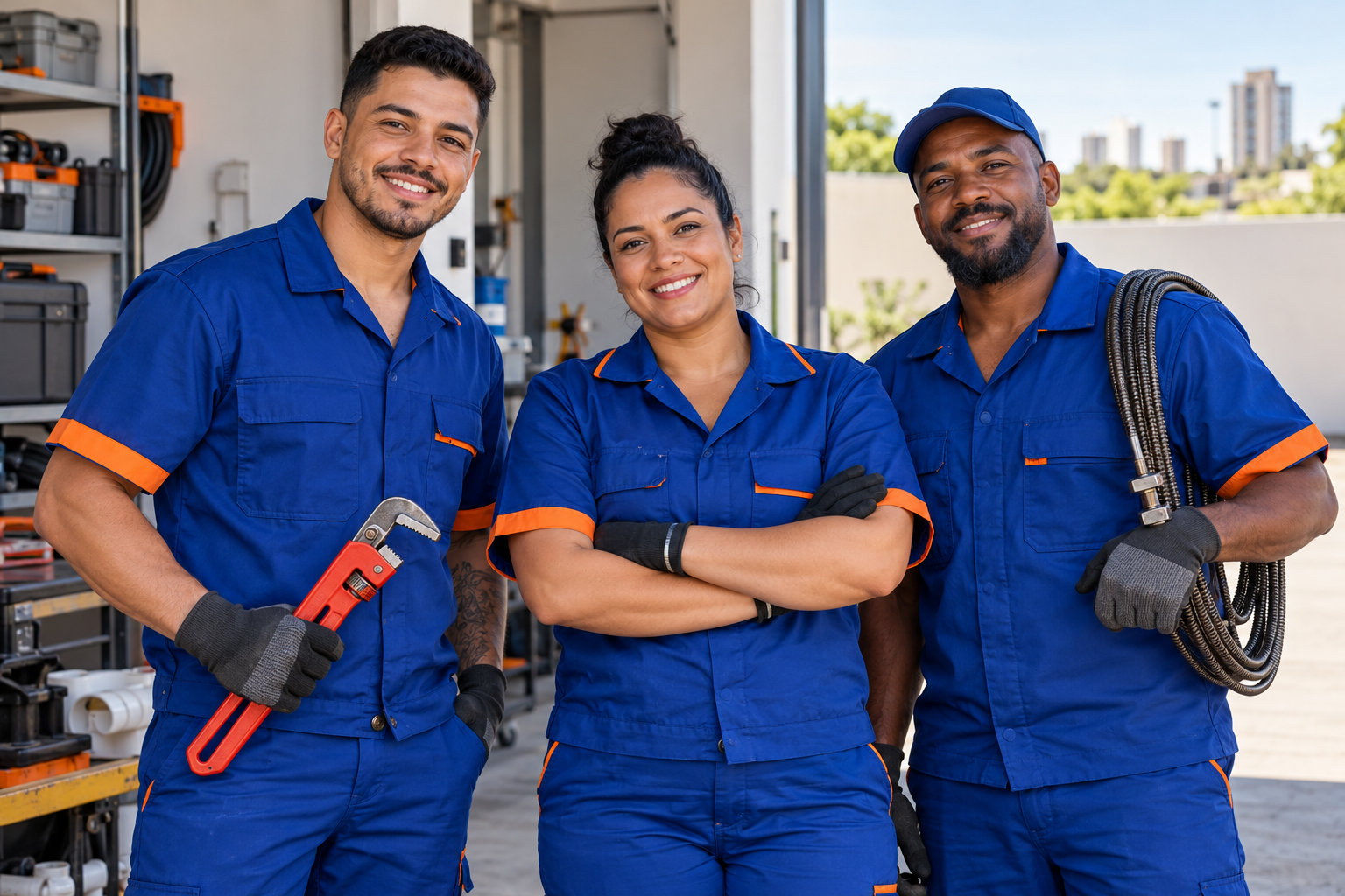 Imagem ilustrativa de três técnicos de manutenção com uniforme azul e laranja