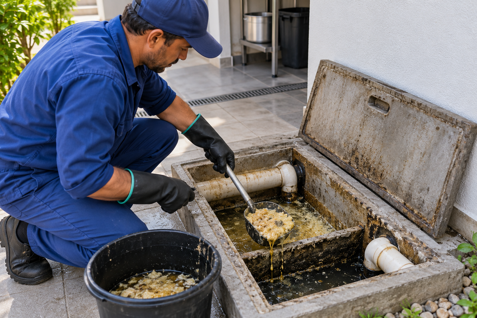 Técnico limpando caixa de gordura em imagem ilustrativa