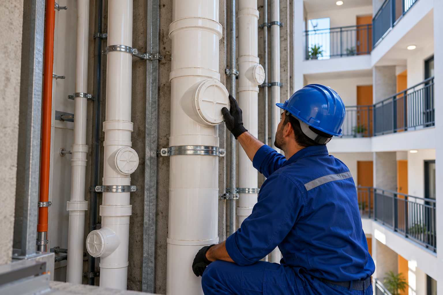 Técnico inspecionando colunas de escoamento em edifício em imagem ilustrativa