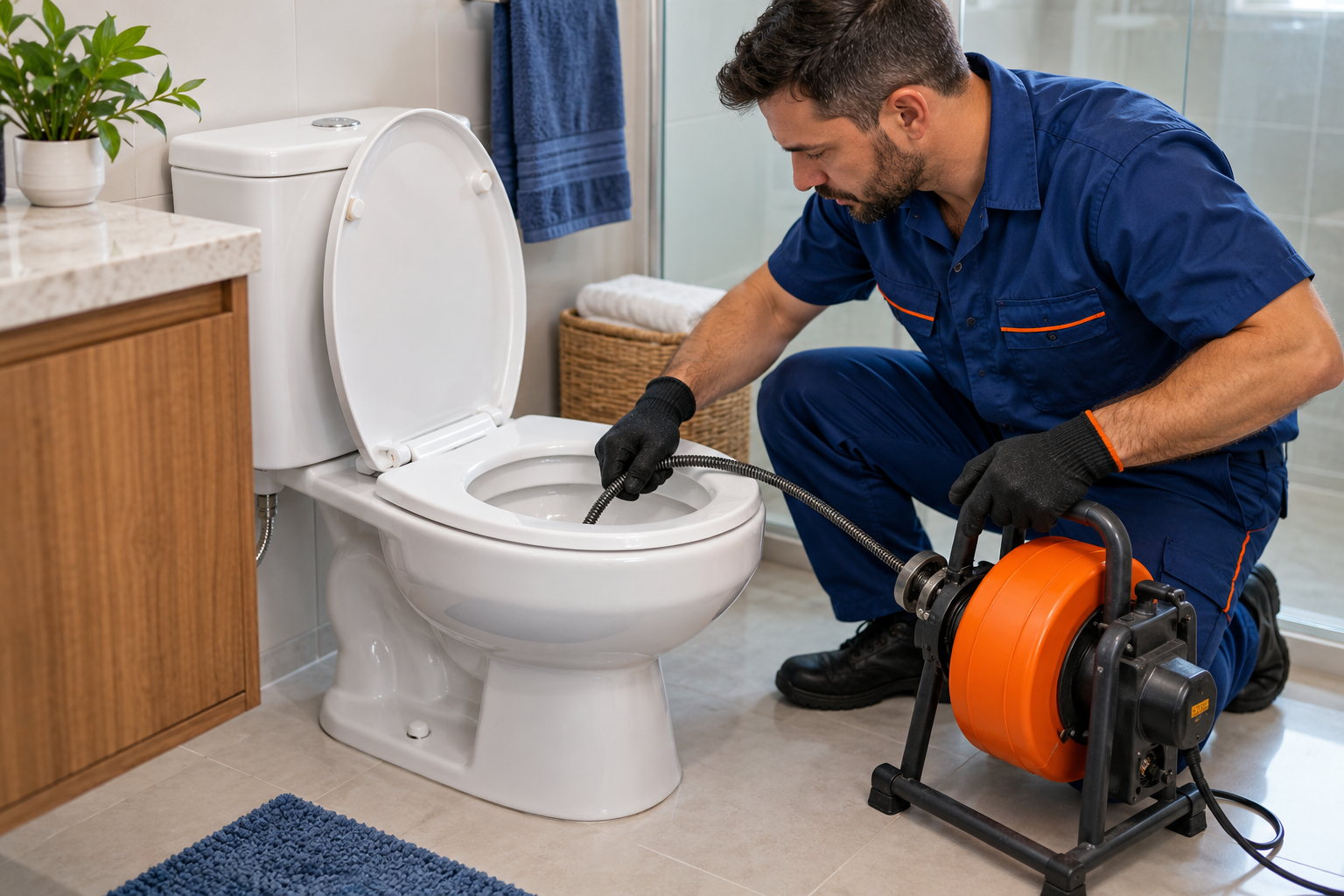 Técnico atendendo vaso sanitário em imagem ilustrativa